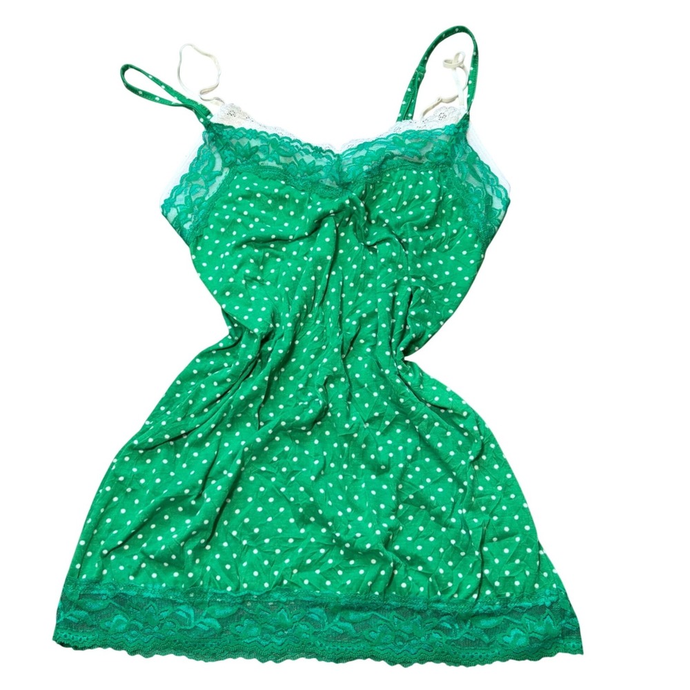 Y2K Green Polka Dot Lace Trim Camisole Top Adjustable Straps Womens Large